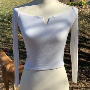 White long sleeve off the shoulder crop top